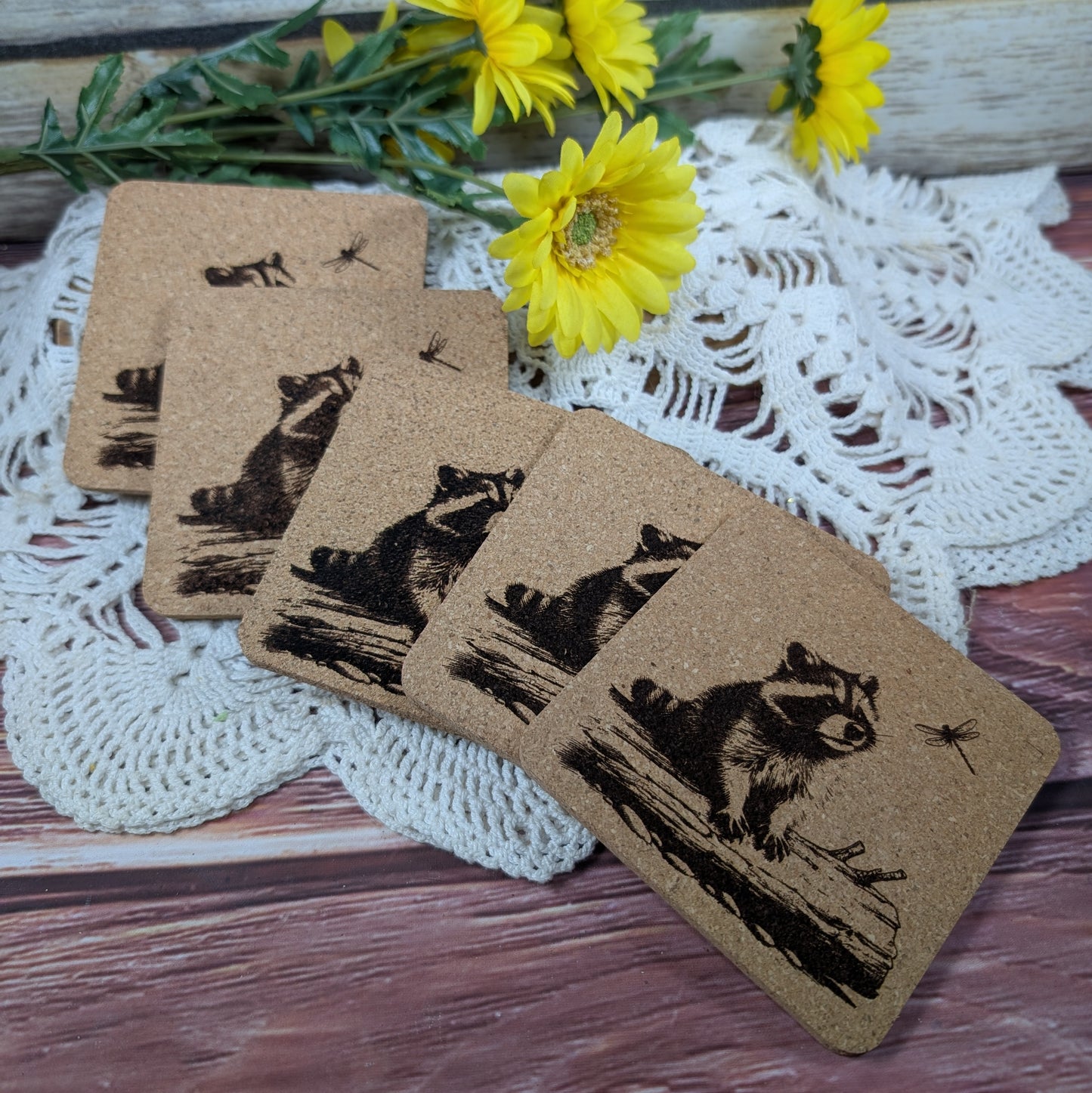 Raccoon and Dragonfly cork coaster