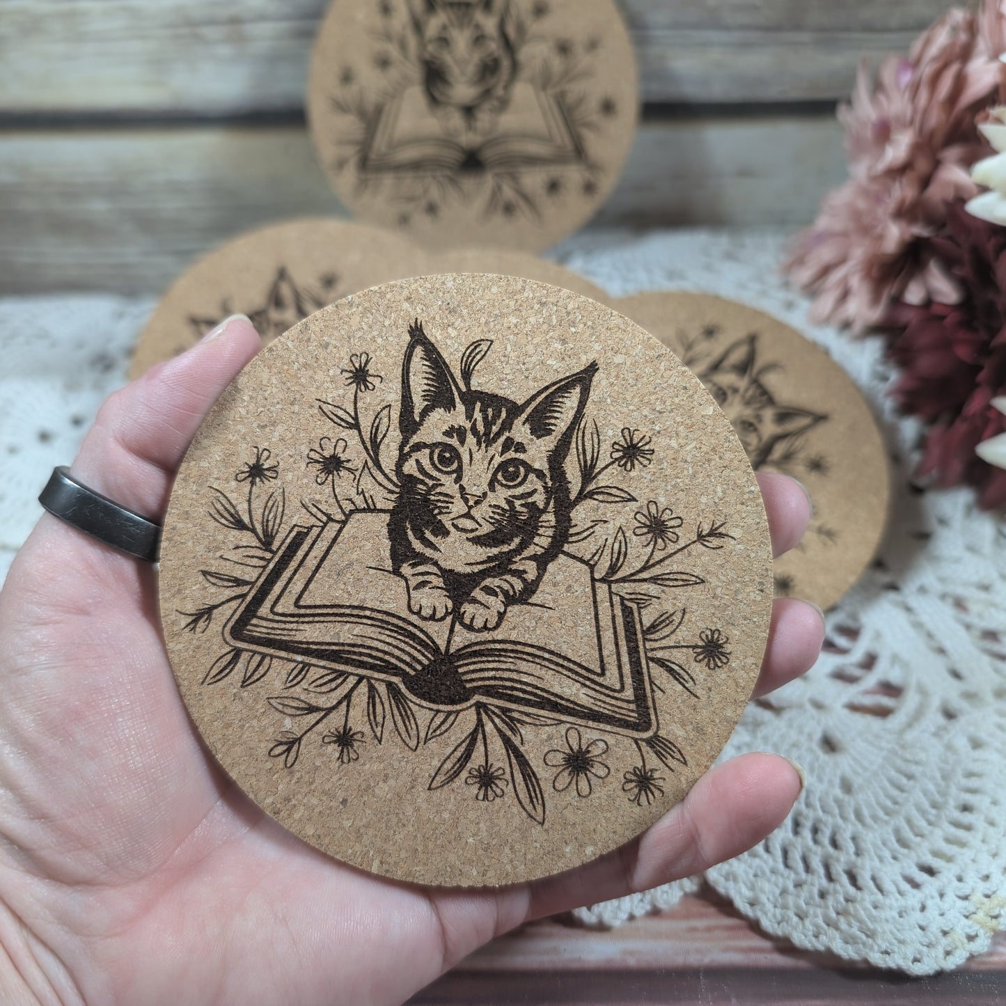 Cat with book cork coaster (Tabby)