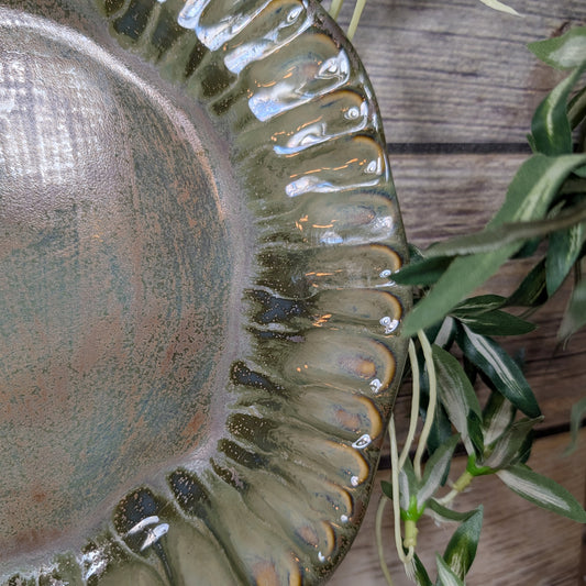 Decorative ceramic plate with a textured edge on a wooden surface with a plant.