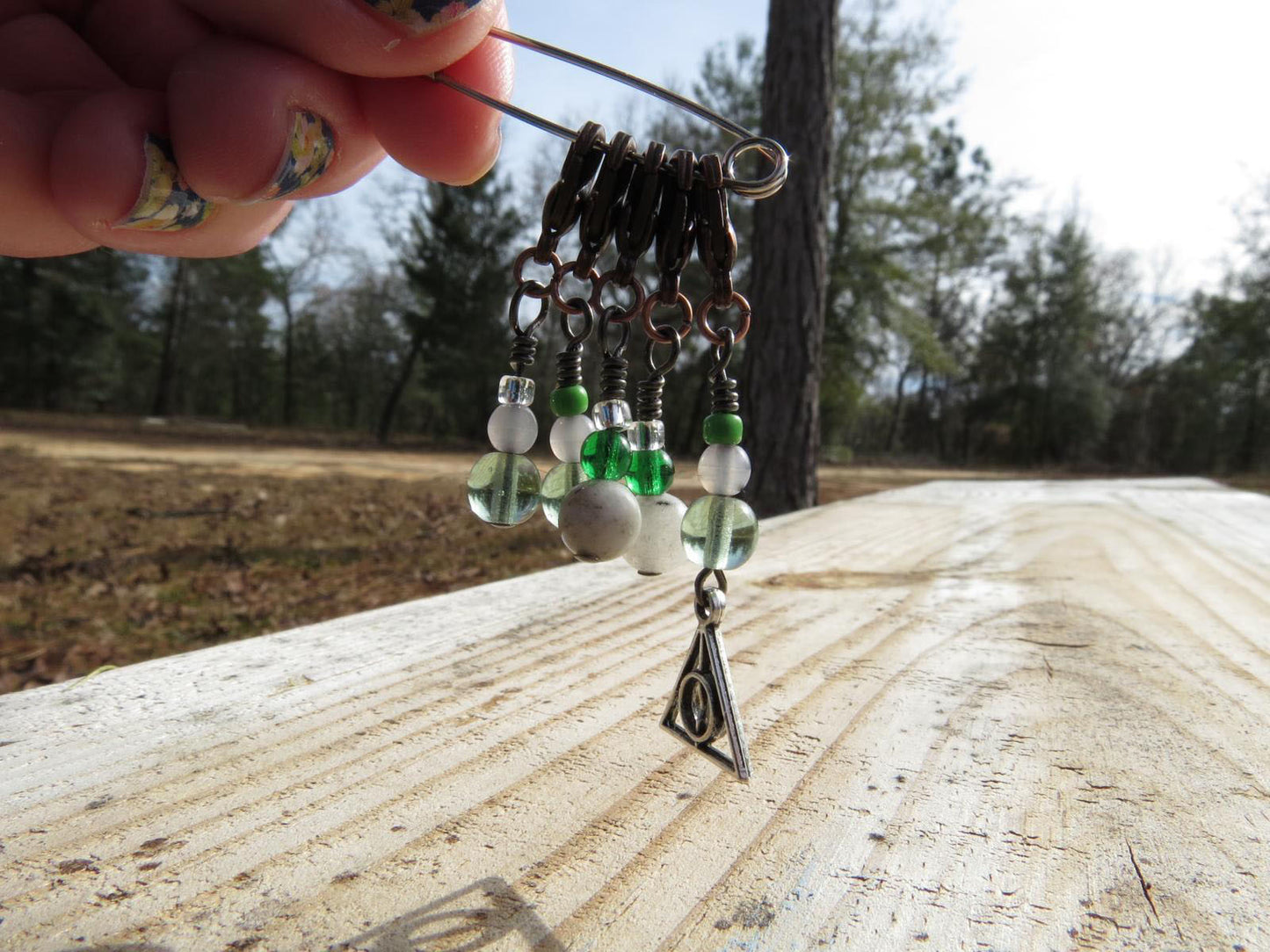 Deathly Hallows stitch marker set in green and silver