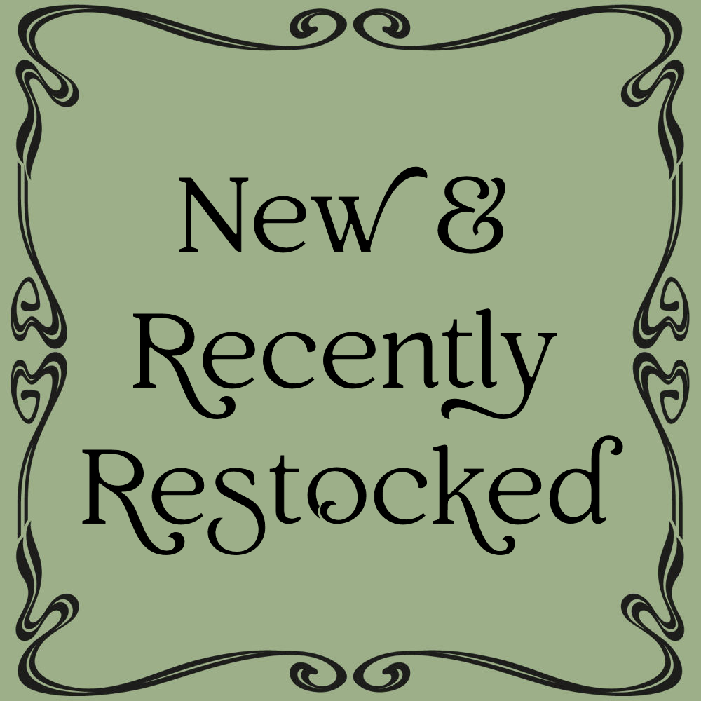 A black border with a green background. In the middle of the border are the words New & Recently Restocked.