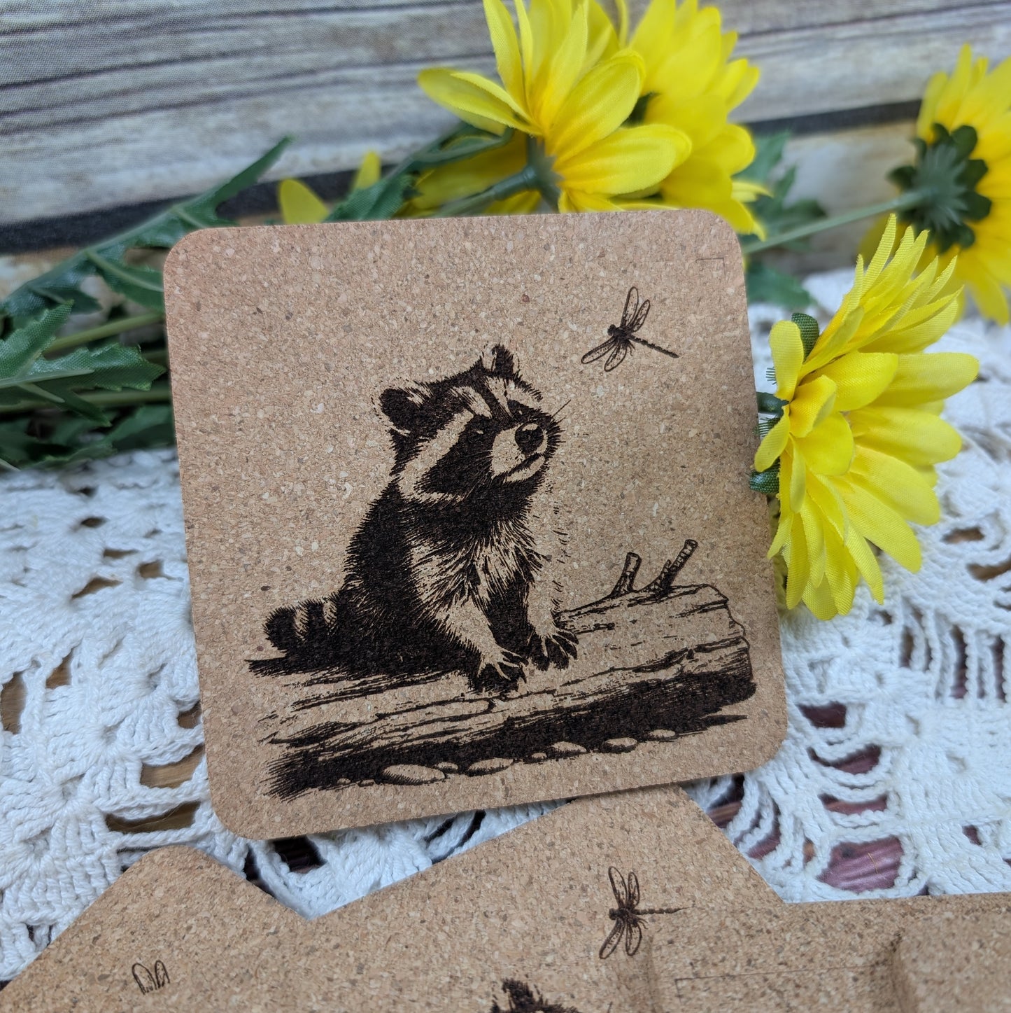 Raccoon and Dragonfly cork coaster