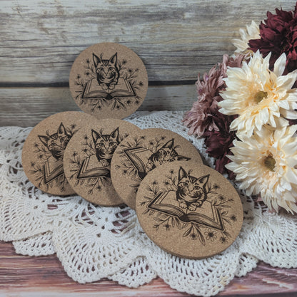 Cat with book cork coaster (Tabby)