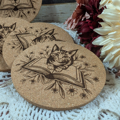 Cat with book cork coaster (Tabby)
