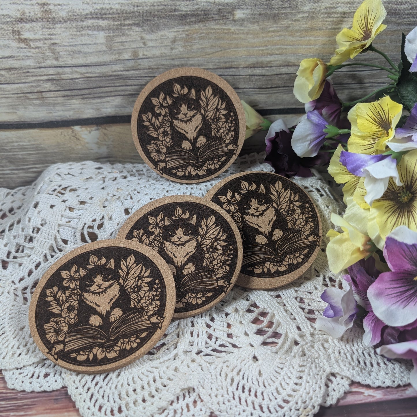 Cat with book cork coaster (Tuxedo)