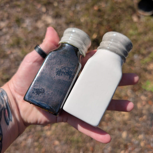 A set of salt and pepper shakers, one black and one white, held in a hand with a blurred natural background.