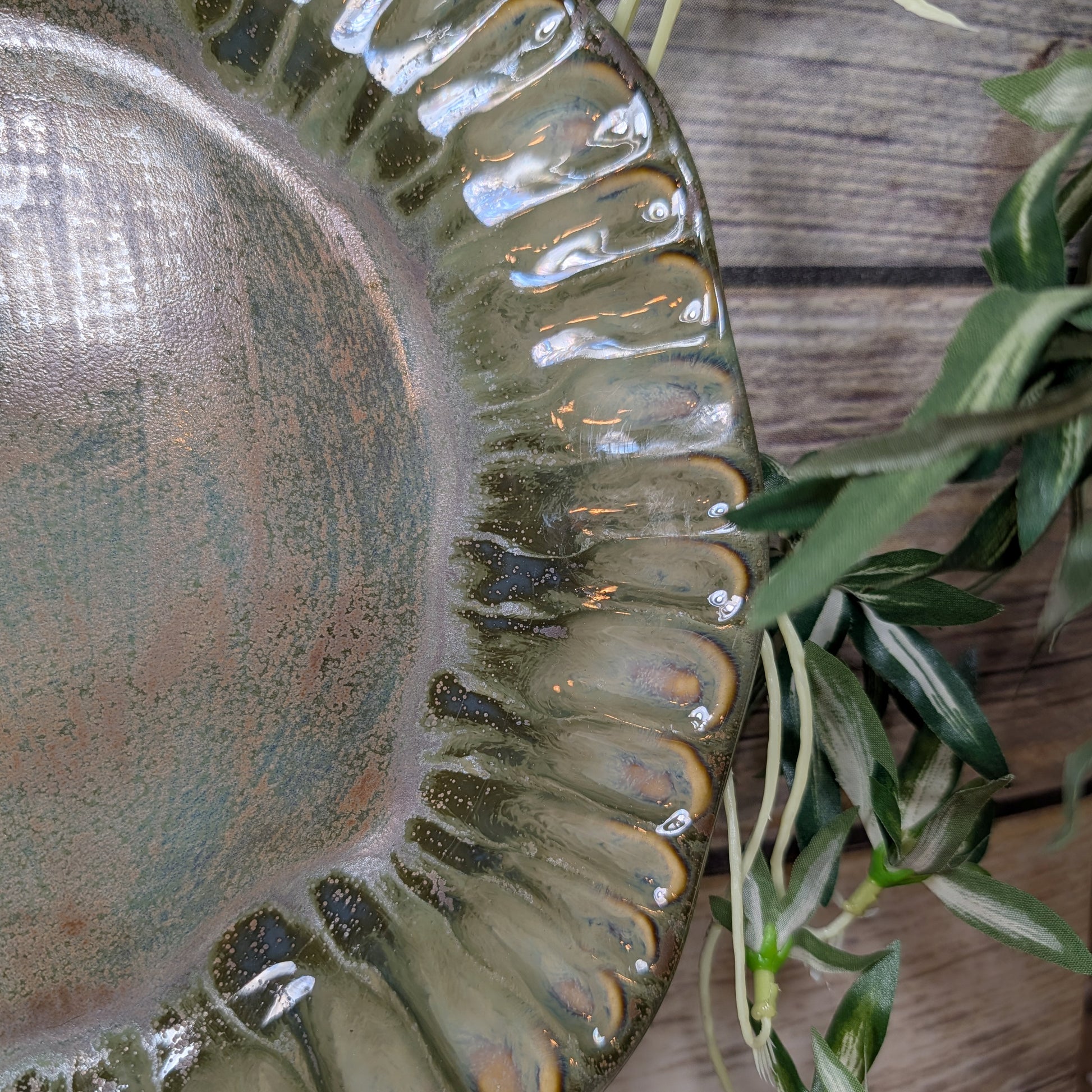 Decorative ceramic plate with a textured edge on a wooden surface with a plant.