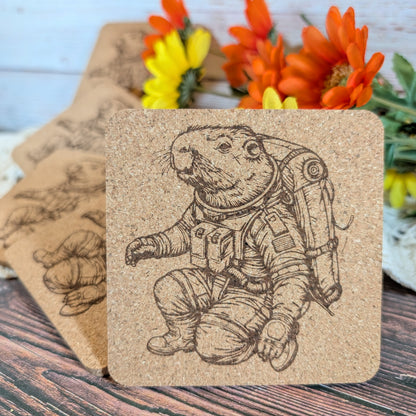 Cork coaster with an astronaut capybara design on a wooden surface with flowers in the background.