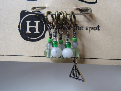 Deathly Hallows stitch marker set in green and silver