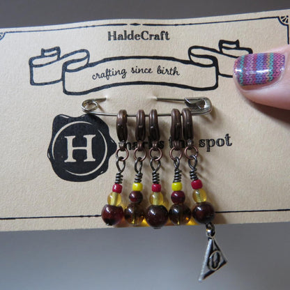 Deathly Hallows stitch marker set in maroon and gold