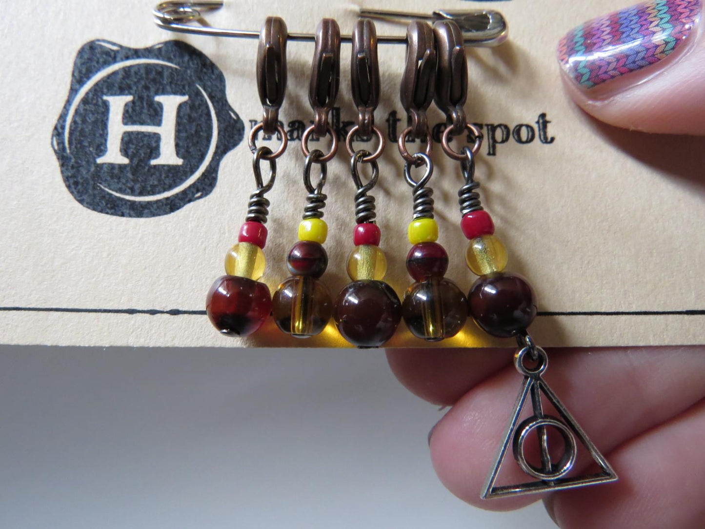 Deathly Hallows stitch marker set in maroon and gold