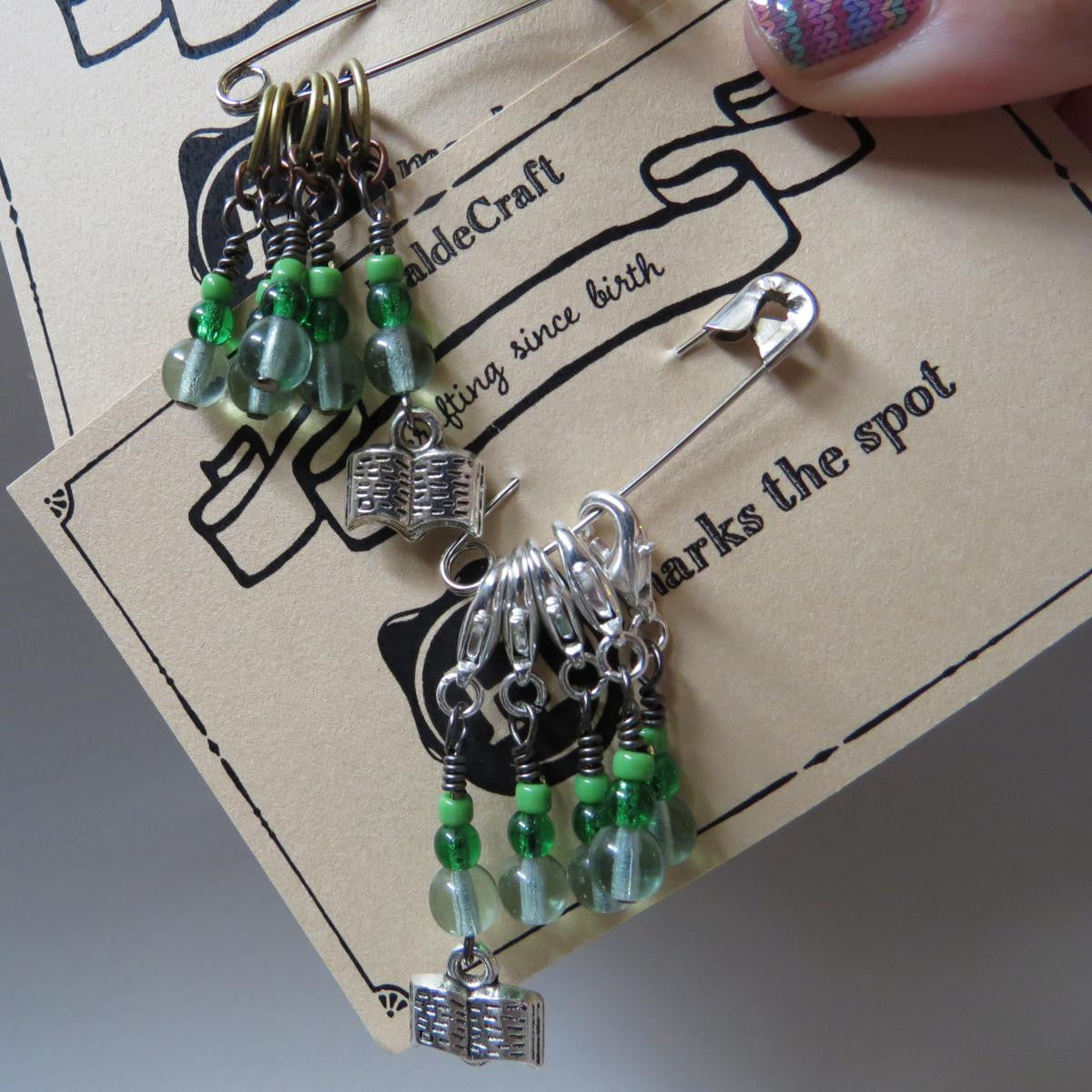 Book stitch marker set in green