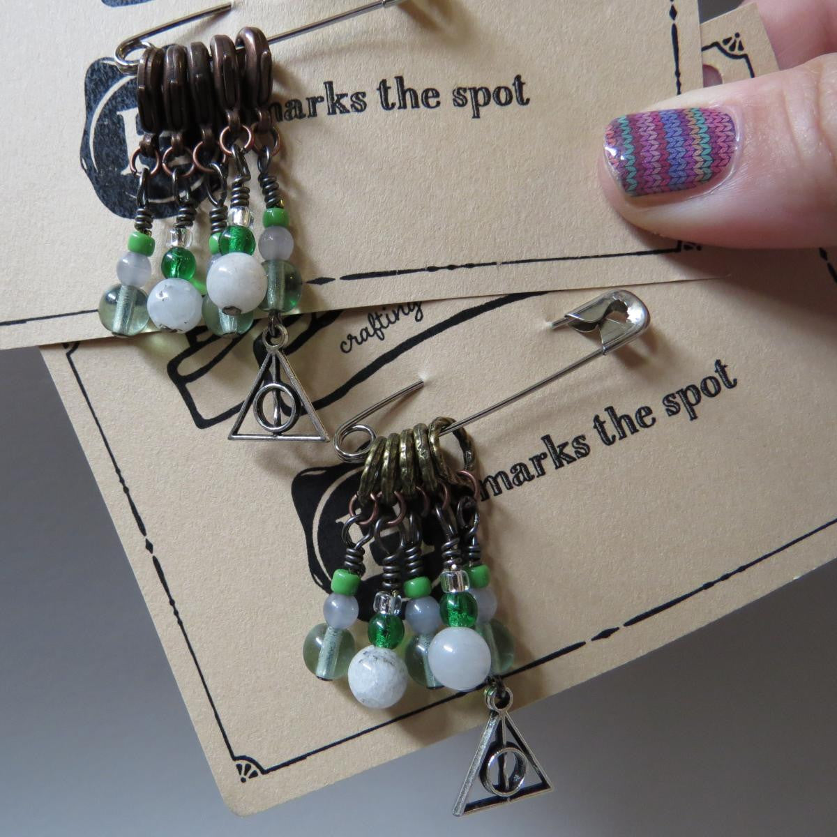 Deathly Hallows stitch marker set in green and silver