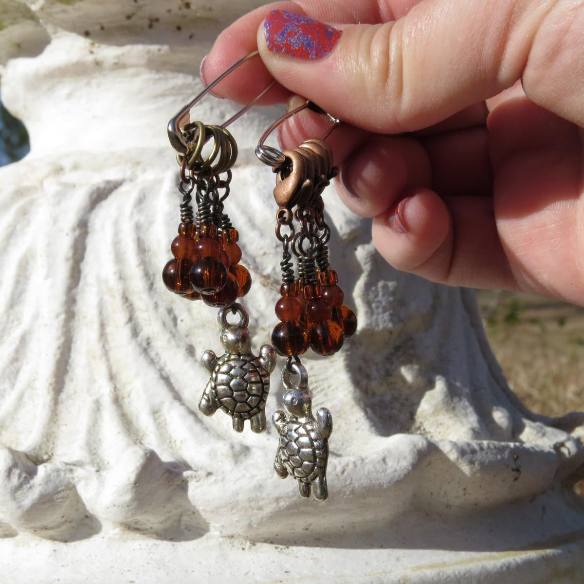 Turtle stitch marker set in brown