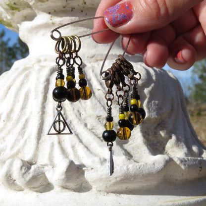 Deathly Hallows stitch marker set in black and yellow